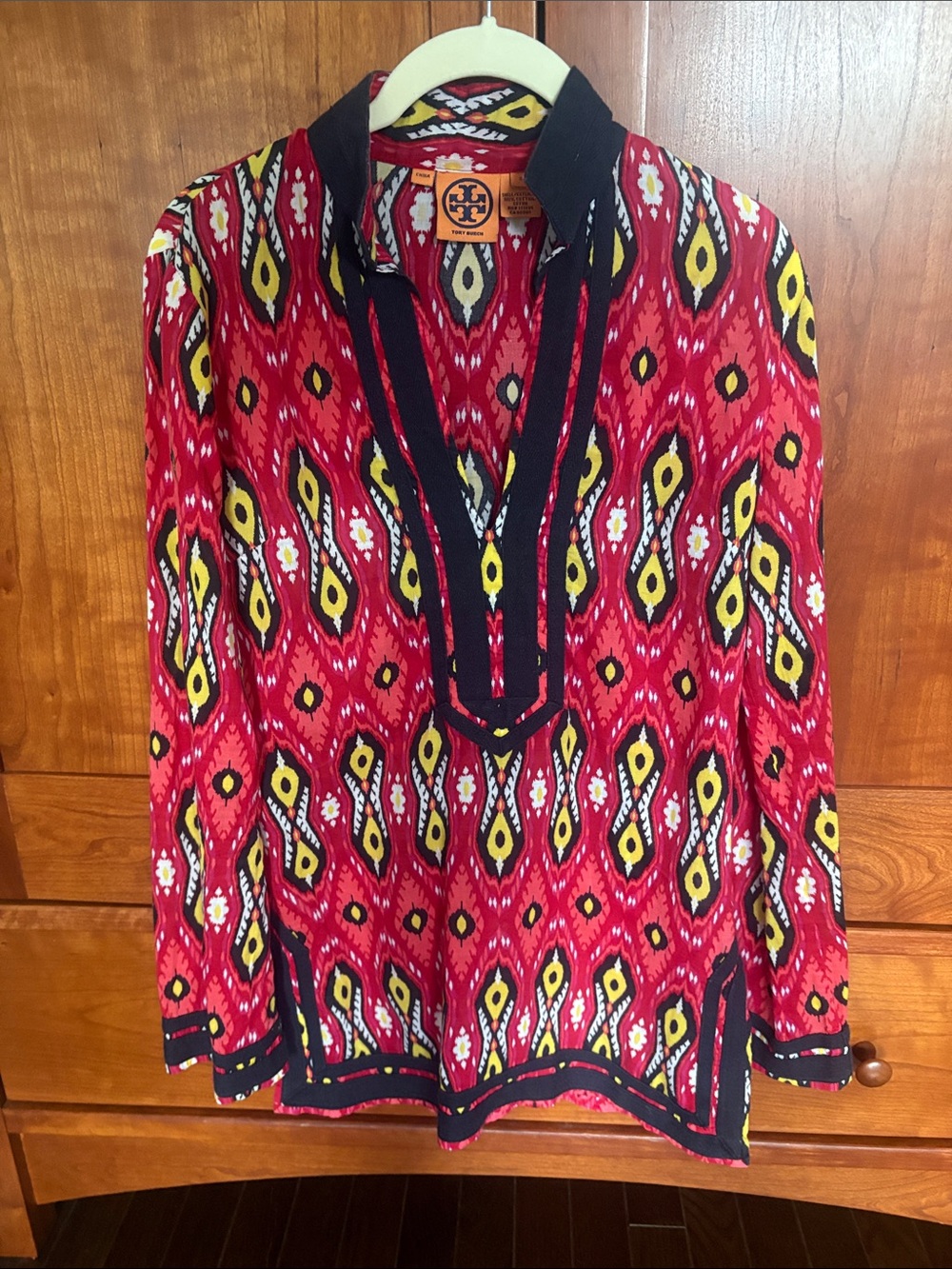 Tory Burch Red Ikat-Print standing collar tunic size 2